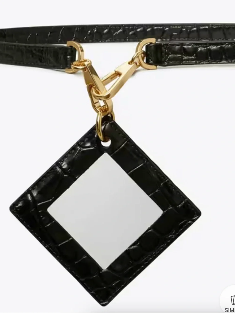 Tory Burch Black Croc-Embossed Belt with Square Mirror Charm M/L